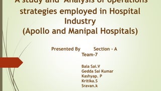 A study and Analysis of operations
strategies employed in Hospital
Industry
(Apollo and Manipal Hospitals)
Presented By Section – A
Team-7
Bala Sai.V
Gedda Sai Kumar
Kashyap. P
Kritika.S
Sravan.k
 
