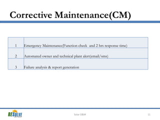 Corrective Maintenance(CM)
1

Emergency Maintenance(Function check and 2 hrs response time)

2

Automated owner and technical plant alert(email/sms)

3

Failure analysis & report generation

Solar O&M

11

 