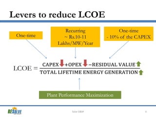 Levers to reduce LCOE
One-time

Recurring
~ Rs.10-11
Lakhs/MW/Year

One-time
- 10% of the CAPEX

Plant Performance Maximization
Solar O&M

6

 