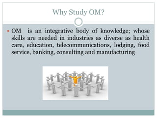 Why Study OM? 
 OM is an integrative body of knowledge; whose 
skills are needed in industries as diverse as health 
care, education, telecommunications, lodging, food 
service, banking, consulting and manufacturing 
 