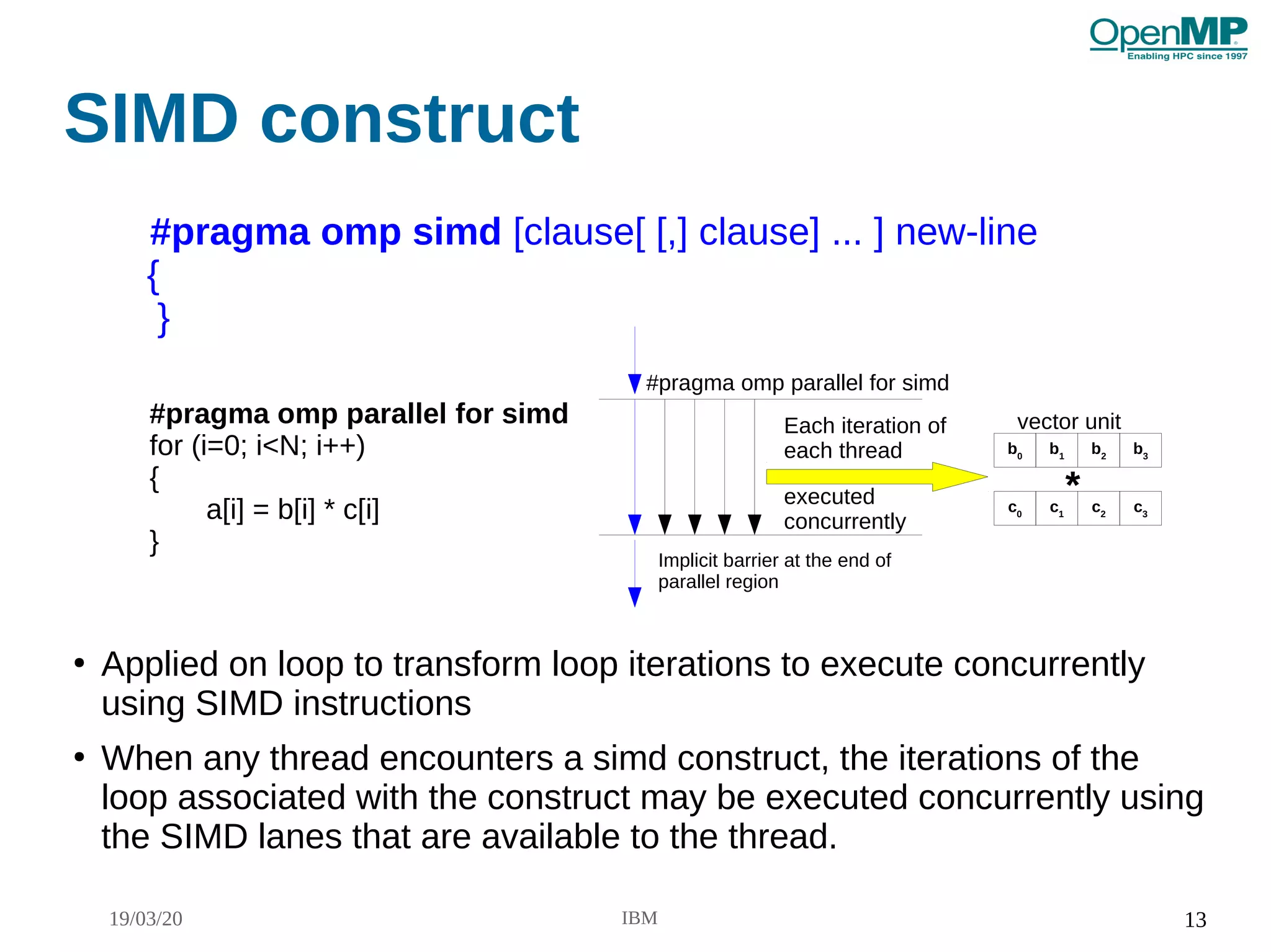 19/03/20 IBM 13
SIMD construct
●
Applied on loop to transform loop iterations to execute concurrently
using SIMD instructions
●
When any thread encounters a simd construct, the iterations of the
loop associated with the construct may be executed concurrently using
the SIMD lanes that are available to the thread.
#pragma omp simd [clause[ [,] clause] ... ] new-line
{
}
#pragma omp parallel for simd
for (i=0; i<N; i++)
{
a[i] = b[i] * c[i]
}
#pragma omp parallel for simd
Implicit barrier at the end of
parallel region
b0
b1
b2
b3
c0
c1
c2
c3
*
vector unitEach iteration of
each thread
executed
concurrently
 
