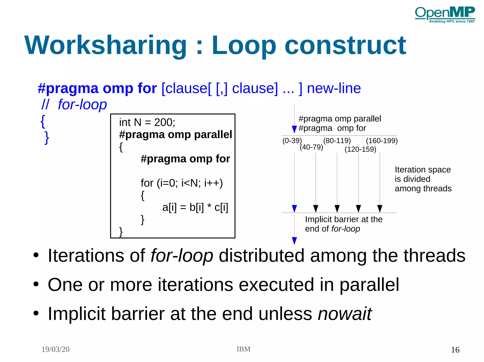 19/03/20 IBM 16
Worksharing : Loop construct
●
Iterations of for-loop distributed among the threads
●
One or more iterations executed in parallel
●
Implicit barrier at the end unless nowait
#pragma omp for [clause[ [,] clause] ... ] new-line
// for-loop
{
}
int N = 200;
#pragma omp parallel
{
#pragma omp for
for (i=0; i<N; i++)
{
a[i] = b[i] * c[i]
}
}
#pragma omp parallel
#pragma omp for
Implicit barrier at the
end of for-loop
Iteration space
is divided
among threads
(0-39)
(40-79)
(80-119)
(120-159)
(160-199)
 