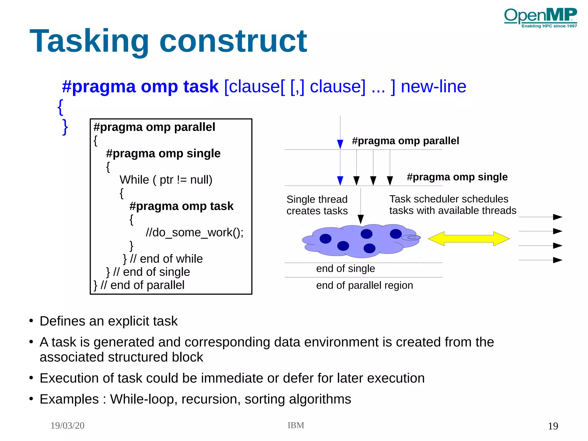 19/03/20 IBM 19
Tasking construct
●
Defines an explicit task
●
A task is generated and corresponding data environment is created from the
associated structured block
●
Execution of task could be immediate or defer for later execution
●
Examples : While-loop, recursion, sorting algorithms
#pragma omp task [clause[ [,] clause] ... ] new-line
{
} #pragma omp parallel
{
#pragma omp single
{
While ( ptr != null)
{
#pragma omp task
{
//do_some_work();
}
} // end of while
} // end of single
} // end of parallel
#pragma omp parallel
end of parallel region
Task scheduler schedules
tasks with available threads
#pragma omp single
end of single
Single thread
creates tasks
 