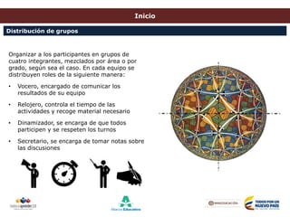 Inicio
Distribución de grupos
Organizar a los participantes en grupos de
cuatro integrantes, mezclados por área o por
grado, según sea el caso. En cada equipo se
distribuyen roles de la siguiente manera:
• Vocero, encargado de comunicar los
resultados de su equipo
• Relojero, controla el tiempo de las
actividades y recoge material necesario
• Dinamizador, se encarga de que todos
participen y se respeten los turnos
• Secretario, se encarga de tomar notas sobre
las discusiones
 
