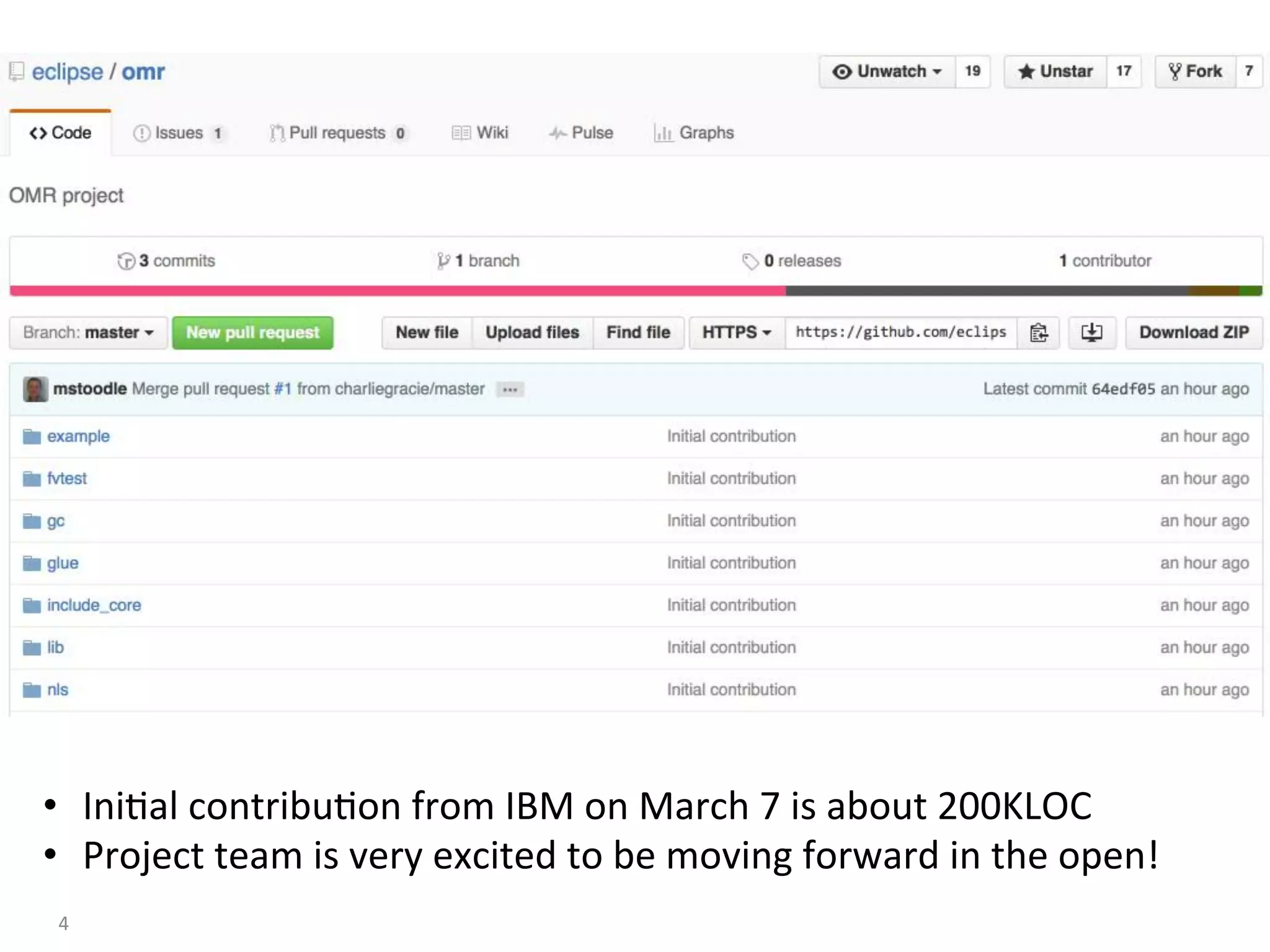4	
•  Ini:al	contribu:on	from	IBM	on	March	7	is	about	200KLOC	
•  Project	team	is	very	excited	to	be	moving	forward	in	the	open!	
 