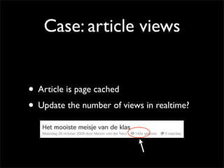 Case: article views


• Article is page cached
• Update the number of views in realtime?
 