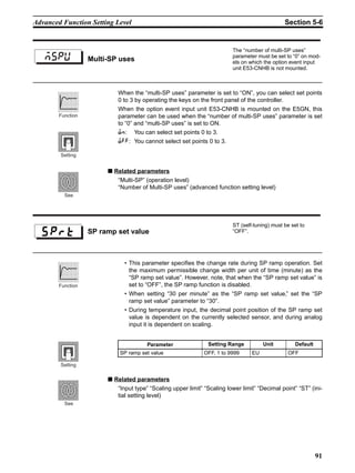 91
Advanced Function Setting Level Section 5-6
When the “multi-SP uses” parameter is set to “ON”, you can select set points
0 to 3 by operating the keys on the front panel of the controller.
When the option event input unit E53-CNHB is mounted on the E5GN, this
parameter can be used when the “number of multi-SP uses” parameter is set
to “0” and “multi-SP uses” is set to ON.
;:: You can select set points 0 to 3.
;22: You cannot select set points 0 to 3.
■ Related parameters
“Multi-SP” (operation level)
“Number of Multi-SP uses” (advanced function setting level)
• This parameter specifies the change rate during SP ramp operation. Set
the maximum permissible change width per unit of time (minute) as the
“SP ramp set value”. However, note, that when the “SP ramp set value” is
set to “OFF”, the SP ramp function is disabled.
• When setting “30 per minute” as the “SP ramp set value,” set the “SP
ramp set value” parameter to “30”.
• During temperature input, the decimal point position of the SP ramp set
value is dependent on the currently selected sensor, and during analog
input it is dependent on scaling.
■ Related parameters
“Input type” “Scaling upper limit” “Scaling lower limit” “Decimal point” “ST” (ini-
tial setting level)
Multi-SP uses
The “number of multi-SP uses”
parameter must be set to “0” on mod-
els on which the option event input
unit E53-CNHB is not mounted.
mspu
Function
Setting
See
SP ramp set value
ST (self-tuning) must be set to
“OFF”.
Parameter Setting Range Unit Default
SP ramp set value OFF, 1 to 9999 EU OFF
Function
Setting
See
 