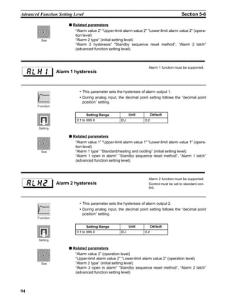 94
Advanced Function Setting Level Section 5-6
■ Related parameters
“Alarm value 2” “Upper-limit alarm value 2” “Lower-limit alarm value 2” (opera-
tion level)
“Alarm 2 type” (initial setting level)
“Alarm 2 hysteresis” “Standby sequence reset method”, “Alarm 2 latch”
(advanced function setting level)
• This parameter sets the hysteresis of alarm output 1.
• During analog input, the decimal point setting follows the “decimal point
position” setting.
■ Related parameters
“Alarm value 1” “Upper-limit alarm value 1” “Lower-limit alarm value 1” (opera-
tion level)
“Alarm 1 type” “Standard/heating and cooling” (initial setting level)
“Alarm 1 open in alarm” “Standby sequence reset method”, “Alarm 1 latch”
(advanced function setting level)
• This parameter sets the hysteresis of alarm output 2.
• During analog input, the decimal point setting follows the “decimal point
position” setting.
■ Related parameters
“Alarm value 2” (operation level)
“Upper-limit alarm value 2” “Lower-limit alarm value 2” (operation level)
“Alarm 2 type” (initial setting level)
“Alarm 2 open in alarm” “Standby sequence reset method”, “Alarm 2 latch”
(advanced function setting level)
See
Alarm 1 hysteresis
Alarm 1 function must be supported.
Setting Range Unit Default
0.1 to 999.9 EU 0.2
Function
Setting
See
Alarm 2 hysteresis
Alarm 2 function must be supported.
Control must be set to standard con-
trol.
Setting Range Unit Default
0.1 to 999.9 EU 0.2
Function
Setting
See
 