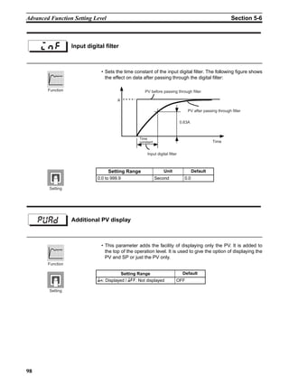 98
Advanced Function Setting Level Section 5-6
• Sets the time constant of the input digital filter. The following figure shows
the effect on data after passing through the digital filter:
• This parameter adds the facility of displaying only the PV. It is added to
the top of the operation level. It is used to give the option of displaying the
PV and SP or just the PV only.
Input digital filter
Setting Range Unit Default
0.0 to 999.9 Second 0.0
Function
Time
PV before passing through filter
PV after passing through filter
Time
constant
Input digital filter
A
0.63A
Setting
Additional PV displaypuad
Setting Range Default
;:: Displayed / ;22: Not displayed OFF
Function
Setting
 