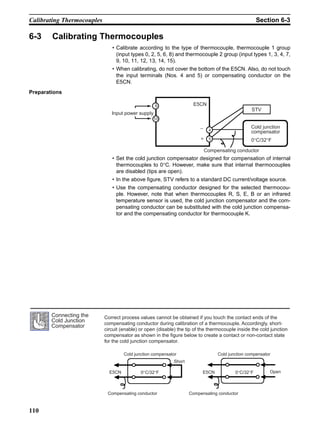 110
Calibrating Thermocouples Section 6-3
6-3 Calibrating Thermocouples
• Calibrate according to the type of thermocouple, thermocouple 1 group
(input types 0, 2, 5, 6, 8) and thermocouple 2 group (input types 1, 3, 4, 7,
9, 10, 11, 12, 13, 14, 15).
• When calibrating, do not cover the bottom of the E5CN. Also, do not touch
the input terminals (Nos. 4 and 5) or compensating conductor on the
E5CN.
Preparations
• Set the cold junction compensator designed for compensation of internal
thermocouples to 0°C. However, make sure that internal thermocouples
are disabled (tips are open).
• In the above figure, STV refers to a standard DC current/voltage source.
• Use the compensating conductor designed for the selected thermocou-
ple. However, note that when thermocouples R, S, E, B or an infrared
temperature sensor is used, the cold junction compensator and the com-
pensating conductor can be substituted with the cold junction compensa-
tor and the compensating conductor for thermocouple K.
Input power supply
Compensating conductor
Cold junction
compensator
0°C/32°F
4
5
E5CN
STV
9
10
Connecting the
Cold Junction
Compensator
Open
Cold junction compensator
E5CN
Compensating conductor
Short
Cold junction compensator
E5CN
Compensating conductor
0°C/32°F 0°C/32°F
Correct process values cannot be obtained if you touch the contact ends of the
compensating conductor during calibration of a thermocouple. Accordingly, short-
circuit (enable) or open (disable) the tip of the thermocouple inside the cold junction
compensator as shown in the figure below to create a contact or non-contact state
for the cold junction compensator.
 