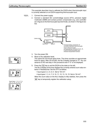 111
Calibrating Thermocouples Section 6-3
This example describes how to calibrate the E5CN when thermocouple input
is currently selected on an E5CN supporting thermocouple input.
1,2,3... 1. Connect the power supply.
2. Connect a standard DC current/voltage source (STV), precision digital
multimeter (DMM) and contact junction compensator (e.g. zero controller
as in figure) to the thermocouple input terminals, as shown in the figure be-
low.
3. Turn the power ON.
4. Move to the calibration level.
This starts the 30-minute aging timer. This timer provides an approximate
timer for aging. After 30 minutes, the No.2 display changes to “0”. You can
advance to the next step in this procedure even if “0” is not displayed.
5. Press the key to set the E5CN to the state on the left.
The No.2 display at this time displays the currently entered count value en-
tered in Hexadecimal. Set the STV as follows:
• Input types 0, 2, 5, 6, 8 : Set to “54 mV”.
• Input types 1, 3, 4, 7, 9, 10, 11, 12, 13, 14, 15: Set to “24 mV”.
Allow the count value on the No.2 display to fully stabilize, then press the
key to temporarily register the calibration setup.
Leave open.
Compensating conductor of
currently selected thermocouple
Use K thermocouple
compensating conductor for E, R,
S and B thermocouples and
infrared temperature sensor.
Zero
controller
STV
DMM
OUTPUT INPUT
−
+
Input type 0, 2, 5, 6, 8
Input type, 1, 3, 4, 7, 9,
10, 11, 12, 13, 14, 15
 