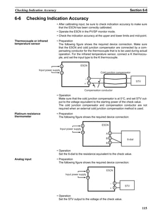 115
Checking Indication Accuracy Section 6-6
6-6 Checking Indication Accuracy
• After calibrating input, be sure to check indication accuracy to make sure
that the E5CN has been correctly calibrated.
• Operate the E5CN in the PV/SP monitor mode.
• Check the indication accuracy at the upper and lower limits and mid-point.
Thermocouple or infrared
temperature sensor
• Preparation
The following figure shows the required device connection. Make sure
that the E5CN and cold junction compensator are connected by a com-
pensating conductor for the thermocouple that is to be used during actual
operation. For the infrared temperature sensor, connect a K thermocou-
ple, and set the input type to the K thermocouple.
• Operation
Make sure that the cold junction compensator is at 0°C, and set STV out-
put to the voltage equivalent to the starting power of the check value.
The cold junction compensator and compensation conductor are not
required when an external cold junction compensation method is used.
Platinum resistance
thermometer
• Preparation
The following figure shows the required device connection:
• Operation
Set the 6-dial to the resistance equivalent to the check value.
Analog input • Preparation
The following figure shows the required device connection:
• Operation
Set the STV output to the voltage of the check value.
Cold junction compensator
Input power supply
Compensation conductor
E5CN
9
10
4
5
−
+
STV
6-dial
Input power supply
9
10
4
5
3
B
B
A
E5CN
Input power supply
E5CN9
10
4
5
−
+
STV
 