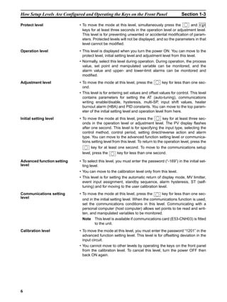 6
How Setup Levels Are Configured and Operating the Keys on the Front Panel Section 1-3
Protect level • To move the mode at this level, simultaneously press the and
keys for at least three seconds in the operation level or adjustment level.
This level is for preventing unwanted or accidental modification of param-
eters. Protected levels will not be displayed, and so the parameters in that
level cannot be modified.
Operation level • This level is displayed when you turn the power ON. You can move to the
protect level, initial setting level and adjustment level from this level.
• Normally, select this level during operation. During operation, the process
value, set point and manipulated variable can be monitored, and the
alarm value and upper- and lower-limit alarms can be monitored and
modified.
Adjustment level • To move the mode at this level, press the key for less than one sec-
ond.
• This level is for entering set values and offset values for control. This level
contains parameters for setting the AT (auto-tuning), communications
writing enable/disable, hysteresis, multi-SP, input shift values, heater
burnout alarm (HBA) and PID constants. You can move to the top param-
eter of the initial setting level and operation level from here.
Initial setting level • To move the mode at this level, press the key for at least three sec-
onds in the operation level or adjustment level. The PV display flashes
after one second. This level is for specifying the input type, selecting the
control method, control period, setting direct/reverse action and alarm
type. You can move to the advanced function setting level or communica-
tions setting level from this level. To return to the operation level, press the
key for at least one second. To move to the communications setup
level, press the key for less than one second.
Advanced function setting
level
• To select this level, you must enter the password (“-169”) in the initial set-
ting level.
• You can move to the calibration level only from this level.
• This level is for setting the automatic return of display mode, MV limitter,
event input assignment, standby sequence, alarm hysteresis, ST (self-
tuning) and for moving to the user calibration level.
Communications setting
level
• To move the mode at this level, press the key for less than one sec-
ond in the initial setting level. When the communications function is used,
set the communications conditions in this level. Communicating with a
personal computer (host computer) allows set points to be read and writ-
ten, and manipulated variables to be monitored.
Note This level is available if communications card (E53-CNH03) is fitted
to the unit.
Calibration level • To move the mode at this level, you must enter the password “1201” in the
advanced function setting level. This level is for offsetting deviation in the
input circuit.
• You cannot move to other levels by operating the keys on the front panel
from the calibration level. To cancel this level, turn the power OFF then
back ON again.
 