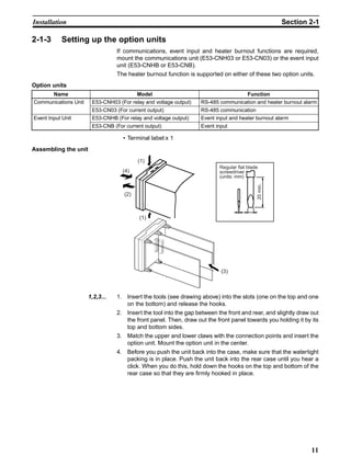 11
Installation Section 2-1
2-1-3 Setting up the option units
If communications, event input and heater burnout functions are required,
mount the communications unit (E53-CNH03 or E53-CN03) or the event input
unit (E53-CNHB or E53-CNB).
The heater burnout function is supported on either of these two option units.
Option units
• Terminal label:x 1
Assembling the unit
1,2,3... 1. Insert the tools (see drawing above) into the slots (one on the top and one
on the bottom) and release the hooks.
2. Insert the tool into the gap between the front and rear, and slightly draw out
the front panel. Then, draw out the front panel towards you holding it by its
top and bottom sides.
3. Match the upper and lower claws with the connection points and insert the
option unit. Mount the option unit in the center.
4. Before you push the unit back into the case, make sure that the watertight
packing is in place. Push the unit back into the rear case until you hear a
click. When you do this, hold down the hooks on the top and bottom of the
rear case so that they are firmly hooked in place.
Name Model Function
Communications Unit E53-CNH03 (For relay and voltage output) RS-485 communication and heater burnout alarm
E53-CN03 (For current output) RS-485 communication
Event Input Unit E53-CNHB (For relay and voltage output) Event input and heater burnout alarm
E53-CNB (For current output) Event input
Regular flat blade
screwdriver
(units: mm)
20min.
(1)
(1)
(2)
(4)
(3)
 