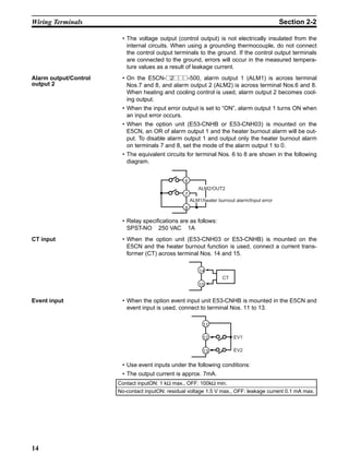 14
Wiring Terminals Section 2-2
• The voltage output (control output) is not electrically insulated from the
internal circuits. When using a grounding thermocouple, do not connect
the control output terminals to the ground. If the control output terminals
are connected to the ground, errors will occur in the measured tempera-
ture values as a result of leakage current.
Alarm output/Control
output 2
• On the E5CN-@2@@@-500, alarm output 1 (ALM1) is across terminal
Nos.7 and 8, and alarm output 2 (ALM2) is across terminal Nos.6 and 8.
When heating and cooling control is used, alarm output 2 becomes cool-
ing output.
• When the input error output is set to “ON”, alarm output 1 turns ON when
an input error occurs.
• When the option unit (E53-CNHB or E53-CNH03) is mounted on the
E5CN, an OR of alarm output 1 and the heater burnout alarm will be out-
put. To disable alarm output 1 and output only the heater burnout alarm
on terminals 7 and 8, set the mode of the alarm output 1 to 0.
• The equivalent circuits for terminal Nos. 6 to 8 are shown in the following
diagram.
• Relay specifications are as follows:
SPST-NO 250 VAC 1A
CT input • When the option unit (E53-CNH03 or E53-CNHB) is mounted on the
E5CN and the heater burnout function is used, connect a current trans-
former (CT) across terminal Nos. 14 and 15.
Event input • When the option event input unit E53-CNHB is mounted in the E5CN and
event input is used, connect to terminal Nos. 11 to 13.
• Use event inputs under the following conditions:
• The output current is approx. 7mA.
6
7
8
ALM2/OUT2
ALM1/heater burnout alarm/Input error
14
15
CT
Contact inputON: 1 kΩ max., OFF: 100kΩ min.
No-contact inputON: residual voltage 1.5 V max., OFF: leakage current 0.1 mA max.
11
12
13
EV1
EV2
 