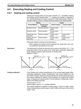 47
Executing Heating and Cooling Control Section 4-4
4-4 Executing Heating and Cooling Control
4-4-1 Heating and cooling control
Heating and cooling control can be used on E5CN-@2@@ controllers. Heating
and cooling control operates when “h-c: heating and cooling” is selected in
the “standard/heating and cooling” parameter (initial setting level). Select the
standard heating control or cooling control according to the following table:
(Parameter default is heating control (standard).)
• When heating and cooling control is selected, the “dead band” and “cool-
ing coefficient” parameters can be used.
Dead band The dead band is set with the set point as its center on the E5CN-@2@@. The
dead band width is the set value of the “dead band” parameter (adjustment
level). Setting a negative value produces an overlap band.
Default is “0.0EU.”
Cooling coefficient If the heating and cooling characteristics of the control target greatly differ,
preventing satisfactory control characteristics from being obtained by the
same PID constants, adjust the proportional band (P) at the cooling side using
the cooling coefficient to balance control between the heating and cooling
sides. In heating and cooling control, P at the heating or cooling side is calcu-
lated by the following formula:
Control output 1 P = P
Control output 2 side P = P × cooling coefficient
The cooling coefficient is applied to control output 1 side P to obtain control
whose characteristics (control output 2 side P) differ from those on the control
output 1 side.
Setting Output
Control Method Direct/reverse
operation
Control output 1 Control output 2
Standard control Reverse operation Control output
(heat)
-
Standard control Direct operation Control output
(cool)
-
Heating and cool-
ing control
Reverse operation Control output
(heat)
Control output
(cool)
Heating and cool-
ing control
Direct operation Control output
(cool)
Control output
(heat)
Output
Heating side
Dead band:
dead band width = positive
Cooling side
Set point
Output
Heating side Cooling side
Overlap band:
dead band width = negative
Set point
PV PV
0 0
 