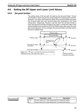 53
Setting the SP Upper and Lower Limit Values Section 4-6
4-6 Setting the SP Upper and Lower Limit Values
4-6-1 Set point limitter
The setting range of the set point is limited by the set point limitter. The set
point limitter is used to prevent the control target from reaching abnormal tem-
peratures. The upper- and lower-limit values of this set point limitter are set by
the “set point upper limit” and “set point lower limit” parameters in the “initial
setting level”, respectively. However, note that when the set point limitter is
reset, the set point is forcibly changed to the upper- or lower-limit value of the
set point limitter if the set point is out of the limitter range. Also, when the input
type and temperature unit are changed, the set point limitter is forcibly reset to
the sensor setting range.
B
(setting possible)
Setting range
Changed to upper
limit value
Input type changed
Sensor range
Set point limitter
Changed to the
new upper limit
value
Set point
BA
C
Set point
Set point
Sensor upper- and lower-limit values
Set point Upper- and lower-limit values of the limitter
(setting impossible)
×
×
Symbol Parameters : Level Description
?84 Set point upper limit: Initial setting level For limiting SP setting
?88 Set point lower limit: Initial setting level For limiting SP setting
Parameters
 