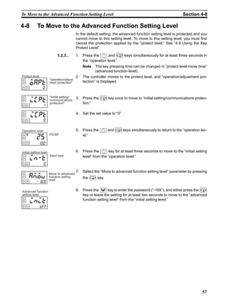 57
To Move to the Advanced Function Setting Level Section 4-8
4-8 To Move to the Advanced Function Setting Level
In the default setting, the advanced function setting level is protected and you
cannot move to this setting level. To move to this setting level, you must first
cancel the protection applied by the “protect level.” See “4.9 Using the Key
Protect Level”.
1,2,3... 1. Press the and keys simultaneously for at least three seconds in
the “operation level.”
Note The key pressing time can be changed in ”protect level move time”
(advanced function level).
2. The controller moves to the protect level, and “operation/adjustment pro-
tection” is displayed.
3. Press the key once to move to “initial setting/communications protec-
tion.”
4. Set the set value to “0”
5. Press the and keys simultaneously to return to the “operation lev-
el.”
6. Press the key for at least three seconds to move to the “initial setting
level” from the “operation level.”
7. Select the “Move to advanced function setting level” parameter by pressing
the key.
8. Press the key to enter the password (“-169”), and either press the
key or leave the setting for at least two seconds to move to the “advanced
function setting level” from the “initial setting level.”
operation/adjust
ment protection
Protect level
oapt
0
initial setting/
communications
protection
icpt
1
icpt
0
PV/SP
Operation level
25
100
Input type
Initial setting level
in-t
0
Move to advanced
function setting
level
amoV
-169
Advanced function
setting level
init
off
 