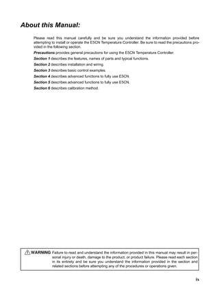ix
About this Manual:
Please read this manual carefully and be sure you understand the information provided before
attempting to install or operate the E5CN Temperature Controller. Be sure to read the precautions pro-
vided in the following section.
Precautions provides general precautions for using the E5CN Temperature Controller.
Section 1 describes the features, names of parts and typical functions.
Section 2 describes installation and wiring.
Section 3 describes basic control examples.
Section 4 describes advanced functions to fully use E5CN.
Section 5 describes advanced functions to fully use E5CN.
Section 6 describes calibration method.
!WARNING Failure to read and understand the information provided in this manual may result in per-
sonal injury or death, damage to the product, or product failure. Please read each section
in its entirety and be sure you understand the information provided in the section and
related sections before attempting any of the procedures or operations given.
 