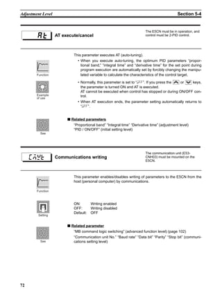 72
Adjustment Level Section 5-4
This parameter executes AT (auto-tuning).
• When you execute auto-tuning, the optimum PID parameters “propor-
tional band,” “integral time” and “derivative time” for the set point during
program execution are automatically set by forcibly changing the manipu-
lated variable to calculate the characteristics of the control target.
• Normally, this parameter is set to “off”. If you press the or keys,
the parameter is turned ON and AT is executed.
AT cannot be executed when control has stopped or during ON/OFF con-
trol.
• When AT execution ends, the parameter setting automatically returns to
“off”.
■ Related parameters
“Proportional band” “Integral time” “Derivative time” (adjustment level)
“PID / ON/OFF” (initial setting level)
This parameter enables/disables writing of parameters to the E5CN from the
host (personal computer) by communications.
ON: Writing enabled
OFF: Writing disabled
Default: OFF
■ Related parameter
“MB command logic switching” (advanced function level) (page 102)
“Communication unit No.” “Baud rate” “Data bit” “Parity” “Stop bit” (communi-
cations setting level)
AT execute/cancel
The E5CN must be in operation, and
control must be 2-PID control.
Function
Example
of use
See
Communications writing
The communication unit (E53-
CNH03) must be mounted on the
E5CN.
cmwt
Function
Setting
See
 