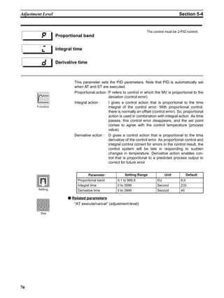 76
Adjustment Level Section 5-4
This parameter sets the PID parameters. Note that PID is automatically set
when AT and ST are executed.
Proportional action :P refers to control in which the MV is proportional to the
deviation (control error).
Integral action : I gives a control action that is proportional to the time
integral of the control error. With proportional control,
there is normally an offset (control error). So, proportional
action is used in combination with integral action. As time
passes, this control error disappears, and the set point
comes to agree with the control temperature (process
value).
Derivative action : D gives a control action that is proportional to the time
derivative of the control error. As proportional control and
integral control correct for errors in the control result, the
control system will be late in responding to sudden
changes in temperature. Derivative action enables con-
trol that is proportional to a predicted process output to
correct for future error
■ Related parameters
“AT execute/cancel” (adjustment level)
Proportional band
The control must be 2-PID control.
Integral time
Derivative time
Parameter Setting Range Unit Default
Proportional band 0.1 to 999.9 EU 8.0
Integral time 0 to 3999 Second 233
Derivative time 0 to 3999 Second 40
Function
Setting
See
 