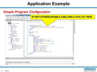 Application Example
Simple Program Configuration
IF NOT ETHERCAT($66,0,1000,1000,5,1010,12) THEN

26

© Omron

 