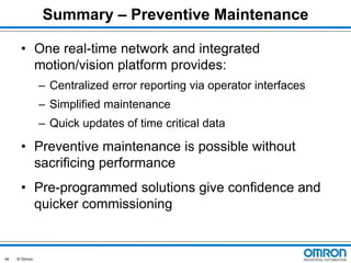 Summary – Preventive Maintenance
• One real-time network and integrated
motion/vision platform provides:
– Centralized error reporting via operator interfaces
– Simplified maintenance
– Quick updates of time critical data

• Preventive maintenance is possible without
sacrificing performance
• Pre-programmed solutions give confidence and
quicker commissioning

34

© Omron

 
