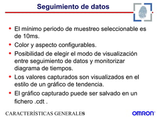 CARACTERÍSTICAS GENERALES13
Seguimiento de datos
• El mínimo periodo de muestreo seleccionable es
de 10ms.
• Color y aspecto configurables.
• Posibilidad de elegir el modo de visualización
entre seguimiento de datos y monitorizar
diagrama de tiempos.
• Los valores capturados son visualizados en el
estilo de un gráfico de tendencia.
• El gráfico capturado puede ser salvado en un
fichero .cdt .
 