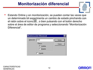 12
CARACTERÍSTICAS
GENERALES
Monitorización diferencial
• Estando Online y en monitorización, se pueden contar las veces que
un determinado bit experimenta un cambio de estado pinchando con
el ratón sobre el icono , o bien pulsando con el botón derecho
sobre el área de editor de programa y seleccionando “Monitorización
Diferencial”.
 