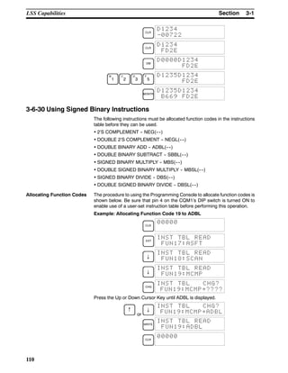3-1SectionLSS Capabilities
110
CLR
D1234
-00722
CLR
D1234
FD2E
DM
D0000D1234
FD2E
B
1
C
2
D
3
F
5
D1235D1234
FD2E
MONTR
D1235D1234
B669 FD2E
3-6-30 Using Signed Binary Instructions
The following instructions must be allocated function codes in the instructions
table before they can be used.
• 2’S COMPLEMENT -- NEG(----)
• DOUBLE 2’S COMPLEMENT -- NEGL(----)
• DOUBLE BINARY ADD -- ADBL(----)
• DOUBLE BINARY SUBTRACT -- SBBL(----)
• SIGNED BINARY MULTIPLY -- MBS(----)
• DOUBLE SIGNED BINARY MULTIPLY -- MBSL(----)
• SIGNED BINARY DIVIDE -- DBS(----)
• DOUBLE SIGNED BINARY DIVIDE -- DBSL(----)
Allocating Function Codes The procedure to using the Programming Console to allocate function codes is
shown below. Be sure that pin 4 on the CQM1’s DIP switch is turned ON to
enable use of a user-set instruction table before performing this operation.
Example: Allocating Function Code 19 to ADBL
CLR
00000
EXT
INST TBL READ
FUN17:ASFT
↓
INST TBL READ
FUN18:SCAN
↓
INST TBL READ
FUN19:MCMP
CHG
INST TBL CHG?
FUN19:MCMP~????
Press the Up or Down Cursor Key until ADBL is displayed.
↑
or
↓
INST TBL CHG?
FUN19:MCMP~ADBL
WRITE
INST TBL READ
FUN19:ADBL
CLR
00000
 