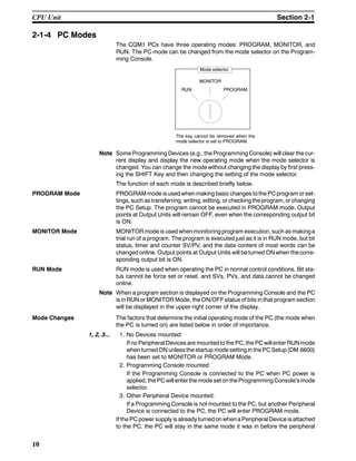 10
2-1-4 PC Modes
The CQM1 PCs have three operating modes: PROGRAM, MONITOR, and
RUN. The PC mode can be changed from the mode selector on the Program-
ming Console.
RUN
MONITOR
PROGRAM
Mode selector
The key cannot be removed when the
mode selector is set to PROGRAM.
Note Some Programming Devices (e.g., the Programming Console) will clear the cur-
rent display and display the new operating mode when the mode selector is
changed. You can change the mode without changing the display by first press-
ing the SHIFT Key and then changing the setting of the mode selector.
The function of each mode is described briefly below.
PROGRAM Mode PROGRAMmode isused whenmaking basicchanges tothe PCprogram orset-
tings, such as transferring, writing, editing, orchecking theprogram, orchanging
the PC Setup. The program cannot be executed in PROGRAM mode. Output
points at Output Units will remain OFF, even when the corresponding output bit
is ON.
MONITOR Mode MONITOR mode is used when monitoring program execution, such as makinga
trial run of a program. The program is executed just as it is in RUN mode, but bit
status, timer and counter SV/PV, and the data content of most words can be
changed online. Output points at Output Units will be turned ON when the corre-
sponding output bit is ON.
RUN Mode RUN mode is used when operating the PC in normal control conditions. Bit sta-
tus cannot be force set or reset, and SVs, PVs, and data cannot be changed
online.
Note When a program section is displayed on the Programming Console and the PC
is in RUN or MONITOR Mode, the ON/OFF status of bits in that program section
will be displayed in the upper-right corner of the display.
Mode Changes The factors that determine the initial operating mode of the PC (the mode when
the PC is turned on) are listed below in order of importance.
1, 2, 3... 1. No Devices mounted:
If no Peripheral Devices are mounted to the PC, the PC willenter RUNmode
when turned ON unless the startup mode setting in the PC Setup(DM 6600)
has been set to MONITOR or PROGRAM Mode.
2. Programming Console mounted:
If the Programming Console is connected to the PC when PC power is
applied, the PC will enter themode set on theProgramming Console’smode
selector.
3. Other Peripheral Device mounted:
If a Programming Console is not mounted to the PC, but another Peripheral
Device is connected to the PC, the PC will enter PROGRAM mode.
If the PC power supply is already turnedon whena PeripheralDevice isattached
to the PC, the PC will stay in the same mode it was in before the peripheral
CPU Unit Section 2-1
 