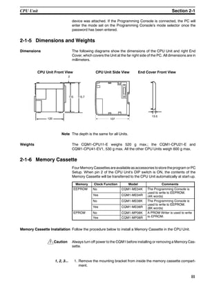 !
11
device was attached. If the Programming Console is connected, the PC will
enter the mode set on the Programming Console’s mode selector once the
password has been entered.
2-1-5 Dimensions and Weights
Dimensions The following diagrams show the dimensions of the CPU Unit and right End
Cover, which covers the Unit at the far right side of the PC. All dimensions are in
millimeters.
CPU Unit Front View CPU Unit Side View End Cover Front View
110 115.7
120
2
13.5
107
Note The depth is the same for all Units.
Weights The CQM1-CPU11-E weighs 520 g max.; the CQM1-CPU21-E and
CQM1-CPU41-EV1, 530 g max. All the other CPU Units weigh 600 g max.
2-1-6 Memory Cassette
Four Memory Cassettes areavailable asaccessories tostore theprogram orPC
Setup. When pin 2 of the CPU Unit’s DIP switch is ON, the contents of the
Memory Cassette will be transferred to the CPU Unit automatically at start-up.
Memory Clock Function Model Comments
EEPROM No CQM1-ME04K The Programming Console is
used to write to EEPROM
Yes CQM1-ME04R
used to write to EEPROM.
(4K words)
No CQM1-ME08K The Programming Console is
used to write to EEPROM
Yes CQM1-ME08R
used to write to EEPROM.
(8K words)
EPROM No CQM1-MP08K A PROM Writer is used to write
OYes CQM1-MP08R to EPROM.
Memory Cassette Installation Follow the procedure below to install a Memory Cassette in the CPU Unit.
Caution Always turn off power to the CQM1 before installing or removing a Memory Cas-
sette.
1, 2, 3... 1. Remove the mounting bracket from inside the memory cassette compart-
ment.
CPU Unit Section 2-1
 