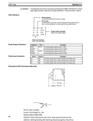 !
16
Caution The following instructions cannot be used when the CQM1-CPU43-EV1 is set to
high-speed counter mode by PC Setup (DM 6611): PLS2 and ACC mode 0.
LED Indicators
Ready (green)
Lit when the pulse I/O function is ready.
Error (red)
Lit when there is an error in the PC Setup for the pulse I/O func-
tion, or when operation is interrupted during pulse output.
RDY ERR CW1
CCW1
CW2
CCW2
A2
B2
Z2
A1
B1
Z1
Pulse output (orange)
Refer to the table below.
Pulse input (orange)
Refer to the table below.
Indicator Port Function
CW1 Port 1 Lit during pulse output to port 1 CW.
CCW1 Lit during pulse output to port 1 CCW.
CW2 Port 2 Lit during pulse output to port 2 CW.
CCW2 Lit during pulse output to port 2 CCW.
Port 1 Port 2 Function
A1 A2 Lit when pulse input is ON at phase A for each port.
B1 B2 Lit when pulse input is ON at phase B for each port.
Z1 Z2 Lit when pulse input is ON at phase Z for each port.
Dimensions With Connectors Mounted
107 mm
Approx. 180 mm
Pulse Output Indicators
Pulse Input Indicators
CPU Unit Section 2-1
Senior sales manager
Eusens Technology Co., Ltd.
Mobile:(86)13760812861
Website: https://panasonic-plc.com/, www.panasonicservo.com
Address: Baifeng Building 302 dachong Road,Guangzhou City,China.
 