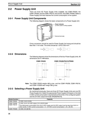 18
2-2 Power Supply Unit
There are three AC Power Supply Units available, the CQM1-PA203, the
CQM1-PA206, and the CQM1-PA216, and one DC, the CQM1-PD026. Select a
Power Supply Unit that matches the current consumption of the system.
2-2-1 Power Supply Unit Components
The following diagram shows the basic components of a Power Supply Unit.
Power Indicator
Lit when power is being supplied.
External terminals
Crimp connectors should be used for Power Supply Unit wiring and should be
less than 7 mm wide. The wires should be 1.04 to 2.63 mm2.
7.0 mm max.7.0 mm max.
2-2-2 Dimensions
The following diagrams show the dimensions of the four Power Supply Units. All
dimensions are in millimeters.
CQM1-PA203 CQM1-PA206/PA216/PD026
53.5 85.5
110 113.7 110 113.7
Note The CQM1-PA203 weighs 460 g max. and the CQM1-PA206, CQM1-PA216,
and CQM1-PD026 each weigh 560 g max.
2-2-3 Selecting a Power Supply Unit
As mentioned previously, there are three AC Power Supply Units and one DC
Power Supply Unit. Select the appropriate Power Supply Unit based on the total
5-VDC current consumption requirements of the Units in the configured system
and the 24-VDC output terminals (PA206/PA216).
Model Number Capacity
CQM1-PA203 5 VDC, 3.6 A (18 W)
CQM1-PA206,
CQM1-PA216
5 VDC, 6.0 A; 24 VDC output, 0.5 A (30 W total)
The total power consumption from the 5-VDC supply and 24-VDC output must be less than 30 W. In
other words: 5 VDC current consumption × 5 + 24 VDC current consumption × 24 ≤ 30 (W).
CQM1-PD026 5 VDC, 6 A (30 W)
Power Supply Unit Section 2-2
 