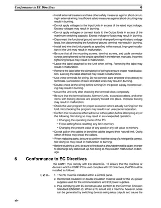 6Conformance to EC Directives
xiv
• Install external breakers and take other safety measures against short-circuit-
ing in external wiring. Insufficient safety measures against short-circuitingmay
result in burning.
• Do not apply voltages to the Input Units in excess of the rated input voltage.
Excess voltages may result in burning.
• Do not apply voltages or connect loads to the Output Units in excess of the
maximum switching capacity. Excess voltage or loads may result in burning.
• Disconnect the functional ground terminal when performing withstand voltage
tests. Not disconnecting the functional ground terminal may result in burning.
• Install and wire the Unit properly as specified in the manual. Improper installa-
tion of the Unit may result in malfunction.
• Be sure that all the mounting screws, terminal screws, and cable connector
screws are tightened to the torque specified in the relevant manuals. Incorrect
tightening torque may result in malfunction.
• Leave the label attached to the Unit when wiring. Removing the label may
result in malfunction.
• Remove the label after the completion of wiring to ensure proper heat dissipa-
tion. Leaving the label attached may result in malfunction.
• Use crimp terminals for wiring. Do not connect bare stranded wires directly to
terminals. Connection of bare stranded wires may result in burning.
• Double-check all the wiring before turning ON the power supply. Incorrect wir-
ing may result in burning.
• Mount the Unit only after checking the terminal block completely.
• Be sure that the terminal blocks, Memory Units, expansion cables, and other
items with locking devices are properly locked into place. Improper locking
may result in malfunction.
• Check the user program for proper execution before actually running it on the
Unit. Not checking the program may result in an unexpected operation.
• Confirm that no adverse effect will occurin thesystem beforeattempting anyof
the following. Not doing so may result in an unexpected operation.
• Changing the operating mode of the PC.
• Force-setting/force-resetting any bit in memory.
• Changing the present value of any word or any set value in memory.
• Do not pull on the cables or bend the cables beyond their natural limit. Doing
either of these may break the cables.
• When replacing parts, be sure to confirm that the rating of a new part is correct.
Not doing so may result in malfunction or burning.
• Before touching a Unit, be sure to first touch agrounded metallicobject inorder
to discharge any static built-up. Not doing so may result in malfunction or dam-
age.
6 Conformance to EC Directives
The CQM1 PCs comply with EC Directives. To ensure that the machine or
device in which a CQM1 PC is used complieswith ECDirectives, thePC must be
installed as follows:
1, 2, 3... 1. The PC must be installed within a control panel.
2. Reinforced insulation or double insulation must be used for the DC power
supplies used for the communications and I/O power supplies.
3. PCs complying with EC Directives also conform to the Common Emission
Standard (EN50081-2). When a PC is built into a machine, however, noise
can be generated by switching devices using relay outputs and cause the
 