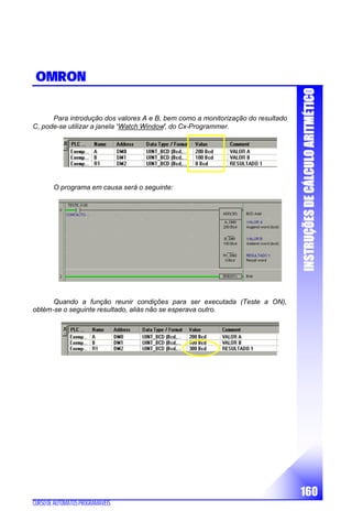 IINNSSTTRRUUÇÇÕÕEESSDDEECCÁÁLLCCUULLOOAARRIITTMMÉÉTTIICCOO
160
CURSODEAUTÓMATOSPROGRAMÁVEIS
OMRON
Para introdução dos valores A e B, bem como a monitorização do resultado
C, pode-se utilizar a janela “Watch Window”, do Cx-Programmer.
O programa em causa será o seguinte:
Quando a função reunir condições para ser executada (Teste a ON),
obtém-se o seguinte resultado, aliás não se esperava outro.
 