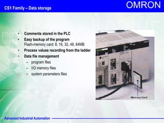 Advanced Industrial Automation
OMRON
CS1 Family – Data storage
• Comments stored in the PLC
• Easy backup of the program
Flash-memory card: 8, 16, 32, 48, 64MB
• Process values recording from the ladder
• Data file management
– program files
– I/O memory files
– system parameters files
 