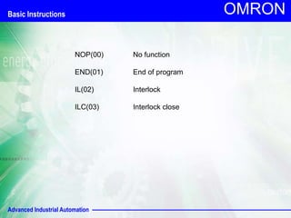 Advanced Industrial Automation
OMRON
NOP(00) No function
END(01) End of program
IL(02) Interlock
ILC(03) Interlock close
Basic Instructions
 