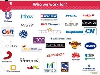 Competitive Edge
• Team comprises alumni of Top institutes like IMT,MICA, XIC, SIMC,
NMIMS
• In house creative & technical team; quick turnaround for development
• Own proprietary Online Reputation Management tool - WORM®
• Official tie-up with FB and Partnerships with YouTube, LinkedIn
and other platforms
• Business relationships with India’s top influencers
About Us & Our Strengths
• Leading Social Media Agency with over 5
years of domain expertise
• Combined experience of 80+ years across
multiple verticals
The way we work
 