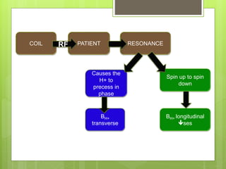 COIL PATIENT RESONANCE
Spin up to spin
down
BH+ longitudinal
ses
RF
Causes the
H+ to
precess in
phase
BH+
transverse
 