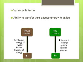  Varies with tissue
 Ability to transfer their excess energy to lattice
fluid
content
TI TI
fat
content
 Inherent
energy of
water-
Inhibit
transfer of
energy
 Inherent
energy-
quickly
transfer
energy
 