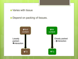  Varies with tissue
 Depend on packing of tissues.
fluid
content
T2 T2
fat
content
Closely packed
- interaction
Loosely
packed -
interaction
 