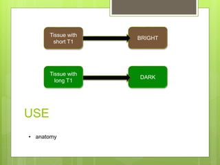 Tissue with
short T1
Tissue with
long T1
BRIGHT
DARK
• anatomy
USE
 