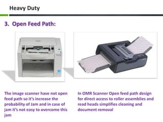 Heavy Duty
3. Open Feed Path:

The image scanner have not open
feed path so it’s increase the
probability of Jam and in case of
jam it’s not easy to overcome this
jam

In OMR Scanner Open feed path design
for direct access to roller assemblies and
read heads simplifies cleaning and
document removal

 