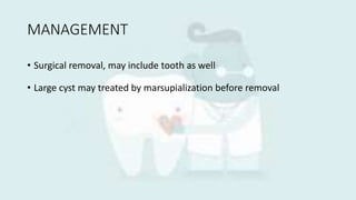 MANAGEMENT
• Surgical removal, may include tooth as well
• Large cyst may treated by marsupialization before removal
 
