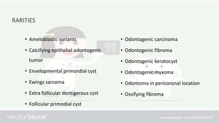 RARITIES
• Ameloblastic variants
• Calcifying epithelial odontogenic
tumor
• Envelopmental primordial cyst
• Ewings sarcoma
• Extra follicular dentigerous cyst
• Follicular primodial cyst
• Odontogenic carcinoma
• Odontogenic fibroma
• Odontogenic keratocyst
• Odontogenic myxoma
• Odontoma in pericoronal location
• Ossifying fibroma
 