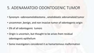 5. ADENAMATOID ODONTOGENIC TUMOR
• Synonym –adenoameloblastoma , ameloblastic adenamatoid tumor
• uncommon ,benign, and non invasive tumor of odontogenic origin
• 3% of all odontogenic tumors
• Origin is uncertain, but thought to be arises from residual
odontogenic epithelium
• Some investigators considered it as hamartomous malformation
 