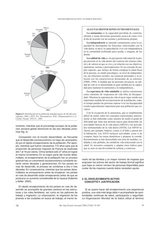 ENVEJECIMIENTO ACTIVO: UN MARCO POLÍTICO




                                                                            ALGUNAS DEFINICIONES FUNDAMENTALES
                                                                             La autonomía es la capacidad percibida de controlar,
                                                                         afrontar y tomar decisiones personales acerca de cómo vivir
                                                                         al día de acuerdo con las normas y preferencias propias.
                                                                            La independencia se entiende comúnmente como la ca-
                                                                         pacidad de desempeñar las funciones relacionadas con la
                                                                         vida diaria, es decir, la capacidad de vivir con independencia
                                                                         en la comunidad recibiendo poca ayuda, o ninguna, de los
                                                                         demás.
                                                                             La calidad de vida es «la percepción individual de la pro-
                                                                         pia posición en la vida dentro del contexto del sistema cultu-
                                                                         ral y de valores en que se vive y en relación con sus objetivos,
                                                                         esperanzas, normas y preocupaciones. Es un concepto de am-
                                                                         plio espectro, que incluye de forma compleja la salud física
                                                                         de la persona, su estado psicológico, su nivel de independen-
                                                                         cia, sus relaciones sociales, sus creencias personales y su re-
                                                                         lación con las características destacadas de su entorno»
                                                                         (OMS, 1994). A medida que las personas envejecen, su cali-
                                                                         dad de vida se ve determinada en gran medida por su capaci-
                                                                         dad para mantener la autonomía y la independencia...
                                                                             La esperanza de vida saludable se utiliza comunmente
                                                                         como sinónimo de «esperanza de vida libre de discapaci-
                                                                         dad». Mientras la esperanza de vida al nacer sigue siendo una
                                                                         importante medida del envejecimiento de la población, cuán-
                                                                         to tiempo pueden las personas esperar vivir sin discapacidad
                                                                         resulta especialmente importante para una población que en-
                                                                         vejece.
Figura 3. Distribución de la población mundial mayor de 60 años por          Con la excepción de la autonomía, que es notablemente
regiones, 2002 y 2025. NA: Norteamérica. HAC: Hispanoamérica y el        difícil de medir, todos los conceptos mencionados anterior-
Caribe. Fuente: NN.UU., 2001.                                            mente se han elaborado como intentos de medir el grado de
                                                                         dificultad que tiene una persona mayor para desarrollar las
                                                                         actividades básicas de la vida diaria (ABVD) y las activida-
cimiento, mientras que el porcentaje europeo de la pobla-
                                                                         des instrumentales de la vida diaria (AIVD). Las ABVD in-
ción anciana global disminuirá en las dos décadas próxi-
                                                                         cluyen, por ejemplo, bañarse, comer, ir al baño y pasear por
mas (fig. 3).
                                                                         la habitación. Las AIVD incluyen actividades como ir de
   Comparado con el mundo desarrollado, es frecuente                     compras, hacer las tareas domésticas y preparar la comida.
que el desarrollo socioeconómico no haya ido acompaña-                   Recientemente se han desarrollado una serie de medidas, va-
do por el rápido envejecimiento de la población. Por ejem-               lidadas y más globales, de calidad de vida relacionada con la
plo, mientras que fueron necesarios 115 años para que la                 salud. Es necesario compartir y adaptar estos índices para
proporción de personas mayores de Francia se duplicase                   que se usen en una diversidad de culturas y contextos.
del 7 al 14 por ciento, China tardará sólo 27 años en lograr
el mismo incremento. En la mayor parte del mundo desa-
rrollado, el envejecimiento de la población fue un proceso
                                                                       maño de las familias y un mayor número de mujeres que
gradual tras un crecimiento socioeconómico constante du-
                                                                       engrosan los activos del sector de trabajo formal significa
rante varias décadas y generaciones. En los países en
                                                                       que haya un menor número de personas disponibles para
vías de desarrollo, el proceso se condensa a dos o tres
                                                                       cuidar de los mayores cuando éstos necesiten ayuda.
décadas. En consecuencia, mientras que los países desa-
rrollados se enriquecieron antes de envejecer, los países
en vías de desarrollo están envejeciendo antes de que se
produzca un aumento considerable de la riqueza (Kalache                2. EL ENVEJECIMIENTO ACTIVO:
y Keller, 2000).                                                          CONCEPTO Y JUSTIFICACIÓN
   El rápido envejecimiento de los países en vías de de-
sarrollo se acompaña de grandes cambios en las estruc-                    Si se quiere hacer del envejecimiento una experiencia
turas y los roles familiares, así como en los patrones de              positiva, una vida más larga debe ir acompañada de opor-
trabajo y migración. La urbanización, la migración de los              tunidades continuas de salud, participación y seguridad.
jóvenes a las ciudades en busca de trabajo, el menor ta-               La Organización Mundial de la Salud utiliza el término


78                                              Rev Esp Geriatr Gerontol 2002;37(S2):74-105                                             98
 