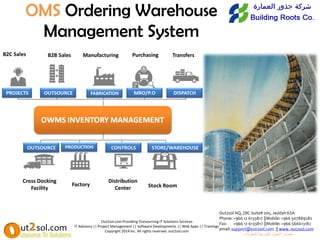 OMS Ordering Warehouse
Management System
Out2sol.com Providing Outsourcing IT Solutions Services
IT Advisory || Project Management || Software Developments || Web Apps || Trainings
Copyright 2014 Inc. All rights reserved. out2sol.com
Out2sol HQ, ZBC Suite# 205, Jeddah KSA
Phone: +966 12 6133817 ||Mobile:+966 507889282
Fax: +966 12 6133817 ||Mobile: +966 566613182
email: support@out2sol.com || www. out2sol.com
‫للمقاوالت‬ ‫الخارجية‬ ‫الحلول‬ ‫مصادر‬
 