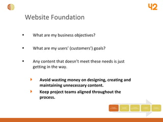 Website Foundation  <ul><li>What are my business objectives? </li></ul><ul><li>What are my users’ (customers’) goals? </li...